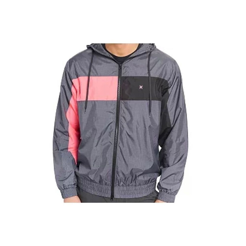Hurley‎ Mens Windbreaker Jacket Grey Black Neon Pink Ripstop Hooded Size Medium